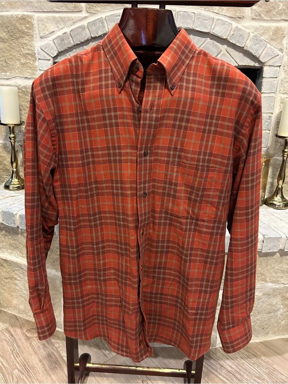 Pendleton Orange and Brown Plaid Button-Down Shirt- Pima Cotton And Merino Wool